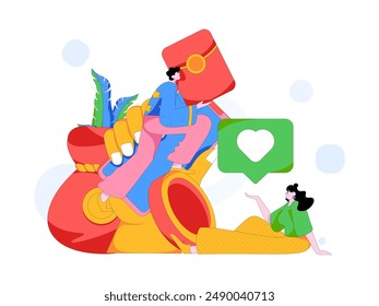 Holiday shopping people doing e-commerce online shopping flat vector concept operation hand drawn illustration
