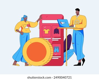 Holiday shopping people doing e-commerce online shopping flat vector concept operation hand drawn illustration
