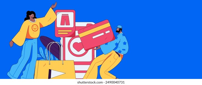 Holiday shopping people doing e-commerce online shopping flat vector concept operation hand drawn illustration
