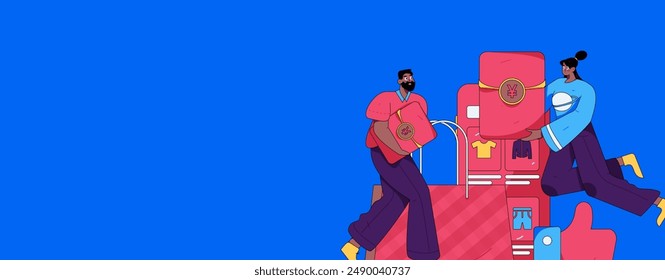 Holiday shopping people doing e-commerce online shopping flat vector concept operation hand drawn illustration
