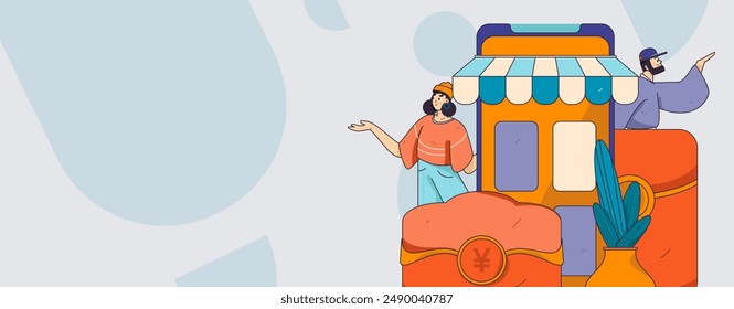 Holiday shopping people doing e-commerce online shopping flat vector concept operation hand drawn illustration
