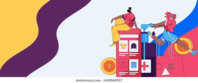 Holiday shopping people doing e-commerce online shopping flat vector concept operation hand drawn illustration
