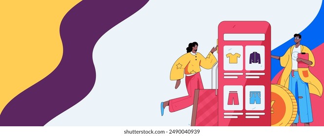 Holiday shopping people doing e-commerce online shopping flat vector concept operation hand drawn illustration
