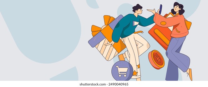 Holiday shopping people doing e-commerce online shopping flat vector concept operation hand drawn illustration
