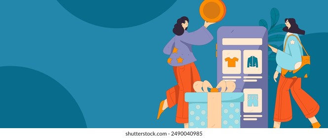 Holiday shopping people doing e-commerce online shopping flat vector concept operation hand drawn illustration
