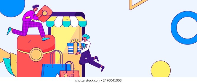 Holiday shopping people doing e-commerce online shopping flat vector concept operation hand drawn illustration
