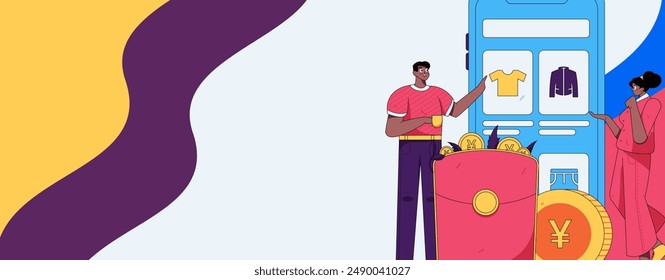 Holiday shopping people doing e-commerce online shopping flat vector concept operation hand drawn illustration
