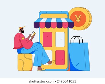 Holiday shopping people doing e-commerce online shopping flat vector concept operation hand drawn illustration
