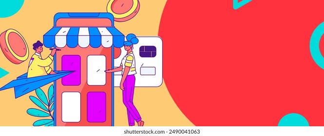 Holiday shopping people doing e-commerce online shopping flat vector concept operation hand drawn illustration
