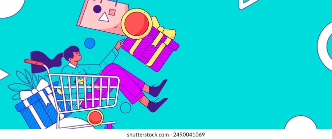 Holiday shopping people doing e-commerce online shopping flat vector concept operation hand drawn illustration
