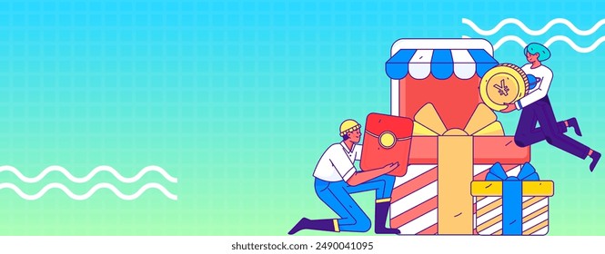 Holiday shopping people doing e-commerce online shopping flat vector concept operation hand drawn illustration
