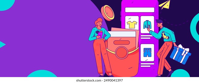 Holiday shopping people doing e-commerce online shopping flat vector concept operation hand drawn illustration
