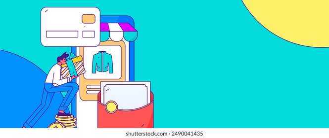 Holiday shopping people doing e-commerce online shopping flat vector concept operation hand drawn illustration
