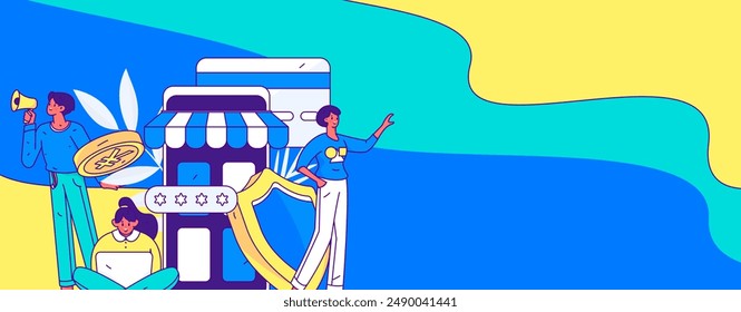 Holiday shopping people doing e-commerce online shopping flat vector concept operation hand drawn illustration
