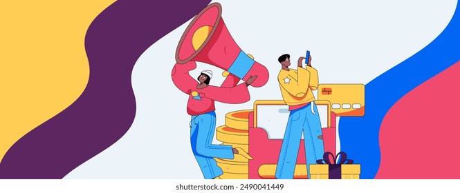 Holiday shopping people doing e-commerce online shopping flat vector concept operation hand drawn illustration
