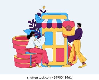 Holiday shopping people doing e-commerce online shopping flat vector concept operation hand drawn illustration
