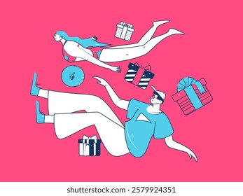 Holiday shopping people doing e-commerce online shopping flat vector concept operation hand drawn illustration
