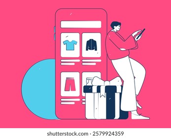 Holiday shopping people doing e-commerce online shopping flat vector concept operation hand drawn illustration
