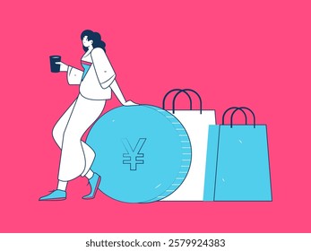 Holiday shopping people doing e-commerce online shopping flat vector concept operation hand drawn illustration
