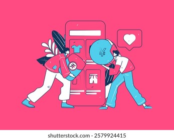 Holiday shopping people doing e-commerce online shopping flat vector concept operation hand drawn illustration
