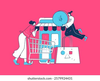 Holiday shopping people doing e-commerce online shopping flat vector concept operation hand drawn illustration
