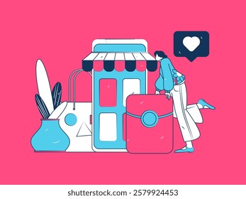 Holiday shopping people doing e-commerce online shopping flat vector concept operation hand drawn illustration
