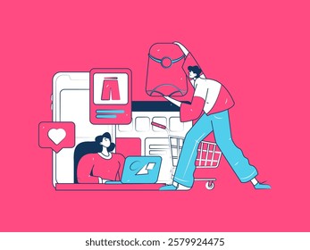 Holiday shopping people doing e-commerce online shopping flat vector concept operation hand drawn illustration
