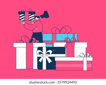 Holiday shopping people doing e-commerce online shopping flat vector concept operation hand drawn illustration
