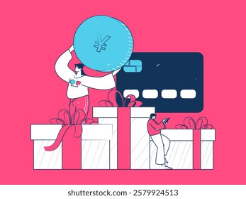 Holiday shopping people doing e-commerce online shopping flat vector concept operation hand drawn illustration
