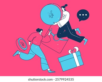 Holiday shopping people doing e-commerce online shopping flat vector concept operation hand drawn illustration
