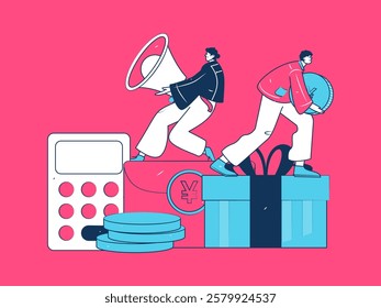 Holiday shopping people doing e-commerce online shopping flat vector concept operation hand drawn illustration
