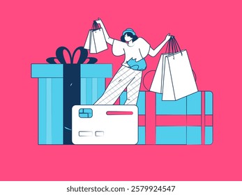 Holiday shopping people doing e-commerce online shopping flat vector concept operation hand drawn illustration
