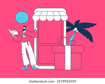 Holiday shopping people doing e-commerce online shopping flat vector concept operation hand drawn illustration
