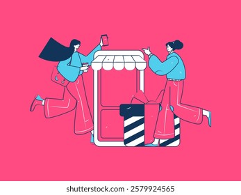 Holiday shopping people doing e-commerce online shopping flat vector concept operation hand drawn illustration
