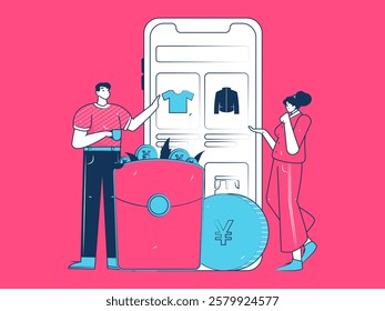 Holiday shopping people doing e-commerce online shopping flat vector concept operation hand drawn illustration
