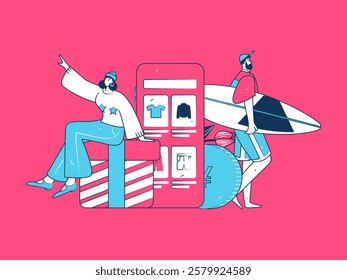 Holiday shopping people doing e-commerce online shopping flat vector concept operation hand drawn illustration
