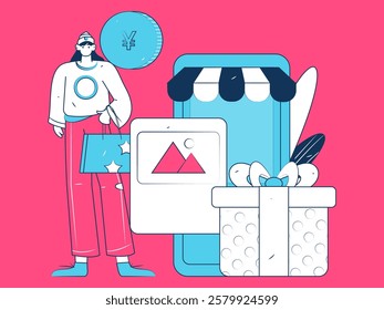 Holiday shopping people doing e-commerce online shopping flat vector concept operation hand drawn illustration
