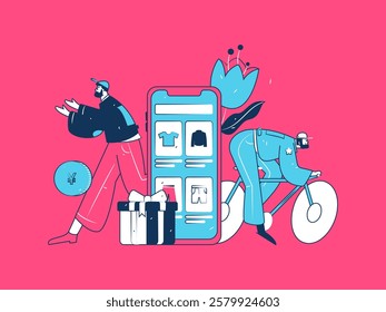 Holiday shopping people doing e-commerce online shopping flat vector concept operation hand drawn illustration
