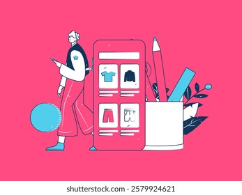 Holiday shopping people doing e-commerce online shopping flat vector concept operation hand drawn illustration
