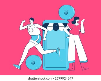 Holiday shopping people doing e-commerce online shopping flat vector concept operation hand drawn illustration
