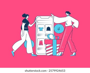 Holiday shopping people doing e-commerce online shopping flat vector concept operation hand drawn illustration
