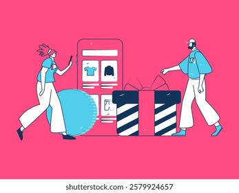 Holiday shopping people doing e-commerce online shopping flat vector concept operation hand drawn illustration

