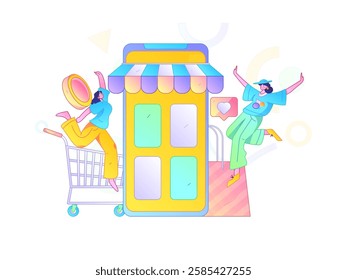 Holiday shopping people doing e-commerce online shopping flat vector concept operation hand drawn illustration
