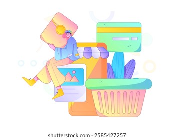 Holiday shopping people doing e-commerce online shopping flat vector concept operation hand drawn illustration