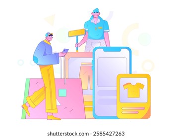 Holiday shopping people doing e-commerce online shopping flat vector concept operation hand drawn illustration