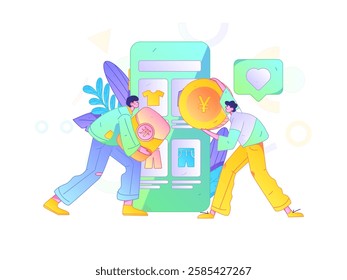 Holiday shopping people doing e-commerce online shopping flat vector concept operation hand drawn illustration