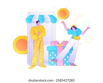 Holiday shopping people doing e-commerce online shopping flat vector concept operation hand drawn illustration