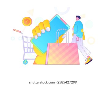 Holiday shopping people doing e-commerce online shopping flat vector concept operation hand drawn illustration