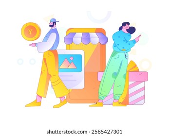 Holiday shopping people doing e-commerce online shopping flat vector concept operation hand drawn illustration