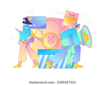 Holiday shopping people doing e-commerce online shopping flat vector concept operation hand drawn illustration